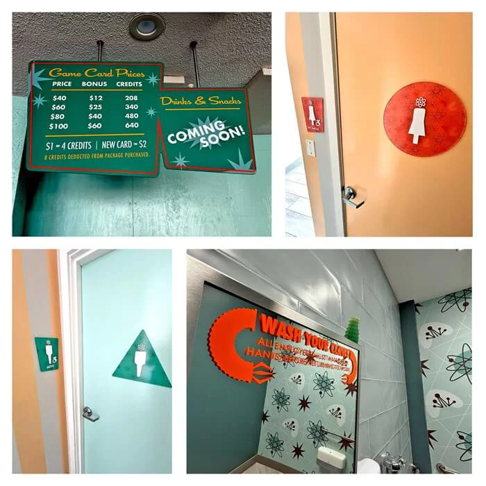 A collage of the indoor menu, bathroom signs, and "Wash Your Claws" sign.